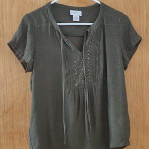 Liz Clairborne Petite Small Olive Green Semi-Sheer Blouse
